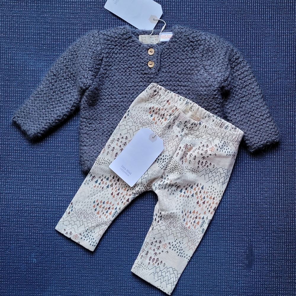 Zara Green Knit Sweater and Patterned Pants Set 1-3m